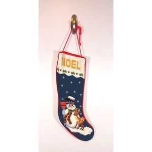 Vintage Christmas Cross Stitch Snowman Noel Stocking Red Velvet Back